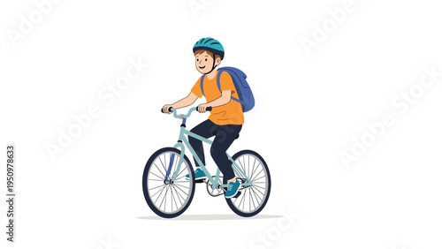 Happy young boy wearing a safety helmet and blue backpack riding his bicycle in a simple clean outdoor setting for exercise.