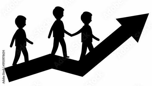 Black silhouette vector of business team climbing up an arrow graph