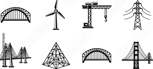 Engineering and infrastructure silhouettes set featuring bridges, wind turbine, crane, power transmission tower and architectural structures representing construction