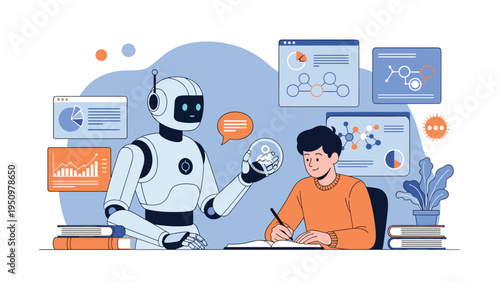 Futuristic robot assistant helping a young student with his homework and research using advanced digital data screens.