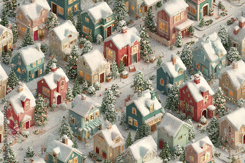 Isometric winter Christmas town seamless pattern with snowy rooftops, colorful houses, decorated trees, and glowing windows creating cozy festive atmosphere in small village