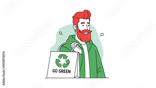 Smiling man with a red beard holding a paper shopping bag with a recycle logo and go green text to promote ecology.
