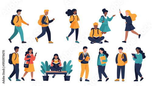 Diverse set of student characters of various ages and ethnicities in different school-related activities and poses.