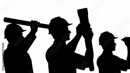 Construction workers in black silhouette holding tools on white background