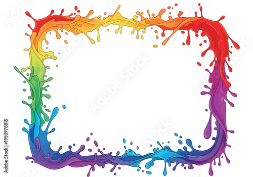 Vibrant Rainbow Paint Splash Frame Creating a Dynamic and Colorful Artistic Border Effect on a Clean Background, Ideal for Creative Projects and Expressive Designs