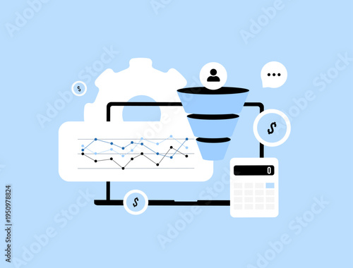 AI revenue attribution funnel, marketing data filtering system tracking user value flow from acquisition to conversion with financial analytics and ROI calculation. Marketing campaign optimization