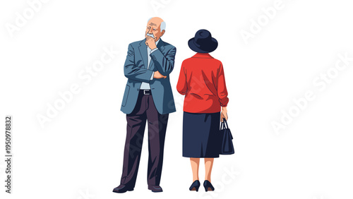 Senior man stands in deep thought while an elderly woman with her back turned holds a black handbag in a simple outdoor setting.