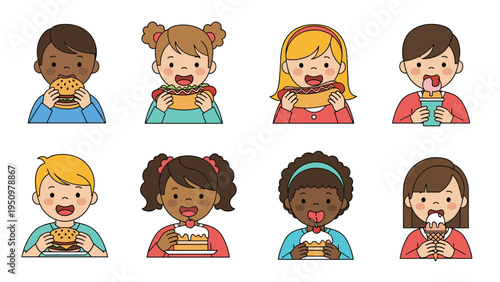 Diverse group of young children happily eating various delicious snacks like hot dogs, burgers, ice cream cones, and cupcakes.