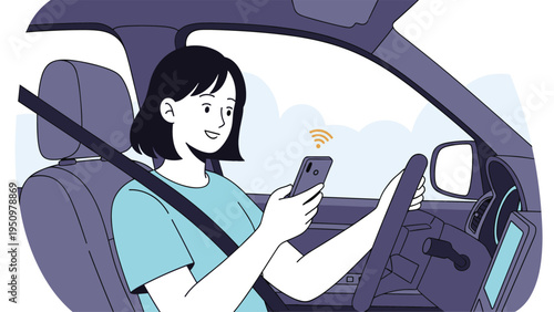 Young woman distractedly checks her smartphone while holding the steering wheel and driving a car on a road in a dangerous habit.