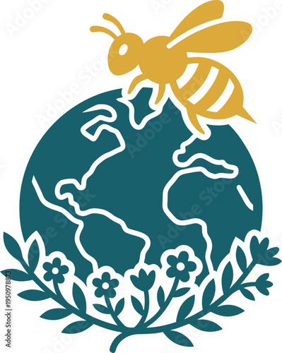 Solid-color bee on globe with flowers vector icon, minimal flat two-color design, clean simple shapes, global pollination concept, eco nature symbol