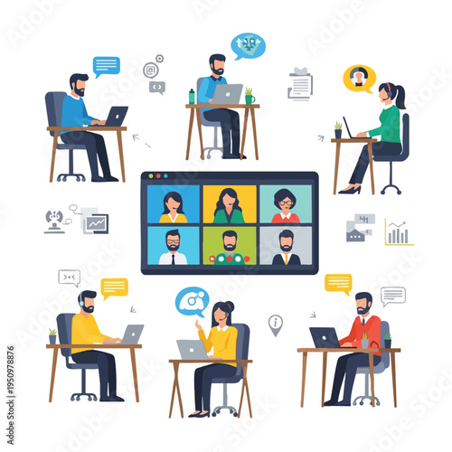 Diverse people in video conference call, working remotely with laptops