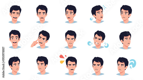 Collection of fifteen different facial expressions and emotions shown by a young man with dark hair wearing a simple t-shirt.