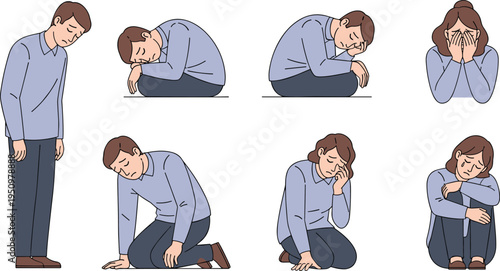 Depressed sad people sitting and crying alone, emotional stress anxiety mental health problem concept illustration with unhappy exhausted characters