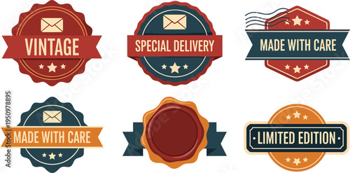 Vintage Badge and Label Collection with Retro Delivery Stamps Featuring Special Delivery, Made With Care, and Limited Edition Seals for Packaging Design.
