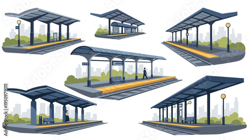 Detailed collection of various train and bus station platforms featuring benches, shelters, and diverse city backgrounds.