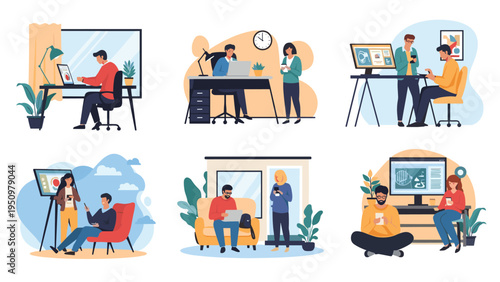 Diverse set of people working productively in various professional office and home environments with computers and desks.