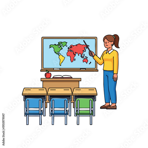 Teacher points to colorful world map in classroom with desks