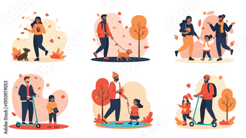 Group of people enjoying various autumn activities like walking dogs, riding scooters, and playing in a park with falling leaves.