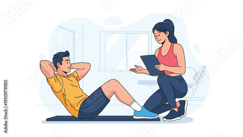 Professional female fitness trainer monitors a man performing sit-ups on a mat in a modern gym setting during a workout session.