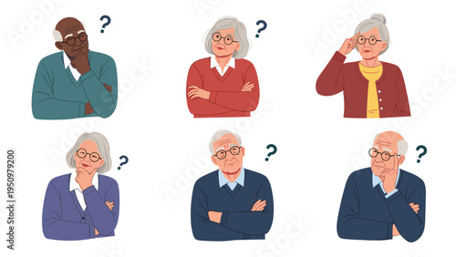 Collection of six diverse elderly men and women showing thoughtful and confused expressions with blue question marks.