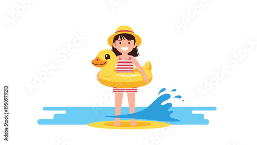 Happy young girl in a striped swimsuit and sun hat holding a yellow duck floatie while standing on a beach near waves.
