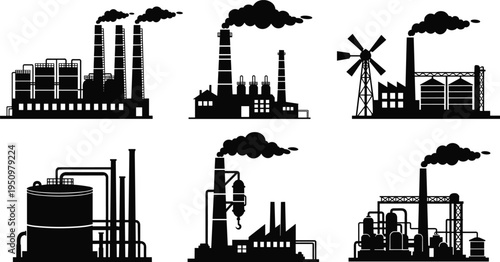 Industrial factory and energy plant silhouettes set featuring refineries, storage tanks and smoke stacks representing power production, pollution and manufacturing isolated on white background