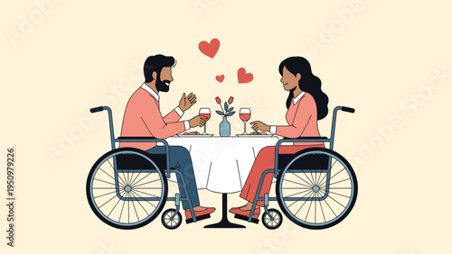 Romantic couple in wheelchairs enjoys a romantic dinner date with wine and red hearts floating above them in a sweet scene.