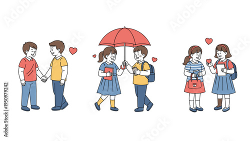 Set of illustrations showing young students in uniforms expressing kindness, sharing an umbrella, and giving hearts.