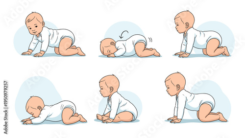 Sequence of illustrations depicting a baby in various crawling positions, showing early developmental stages of motion.