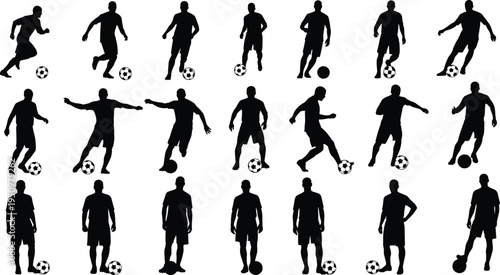 Large collection of black soccer player silhouettes in action poses including dribbling kicking running and standing with footballs isolated on white background for sports design.