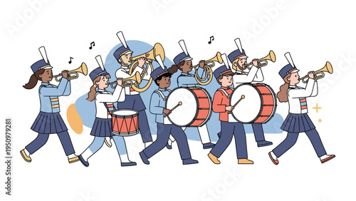Diverse group of school children in a marching band playing trumpets and drums while walking together in a parade.