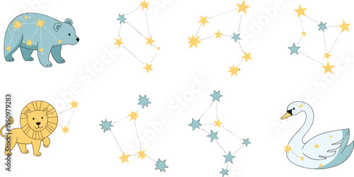 Cute Animal Star Constellation Collection Featuring Bear, Lion, Swan, and Creative Zodiac Style Star Patterns for Kids Astronomy Education and Space Designs.