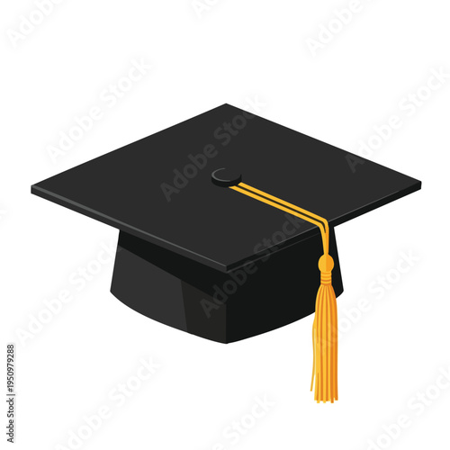 Black graduation cap with a gold tassel hangs against a white background