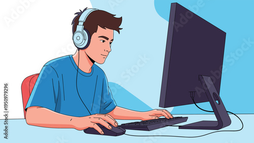 Young male gamer with headphones sitting at a desk and using a computer with a keyboard and mouse for online gaming.