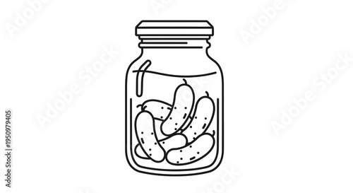 Pickle Jar Illustration: Fresh Cucumbers in Brine, Line Art Icon