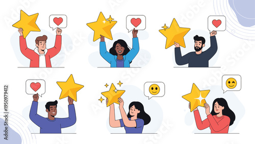 Collection of diverse people holding large gold stars and heart icons to signify positive feedback and high ratings.