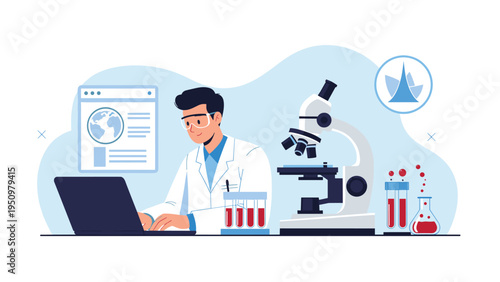 Professional male scientist in a white lab coat using a laptop next to a microscope and test tubes in a laboratory.