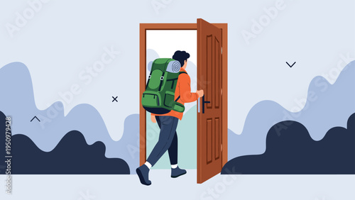 Adventurous male traveler with a large backpack walking through an open door toward a scenic mountain peak view.