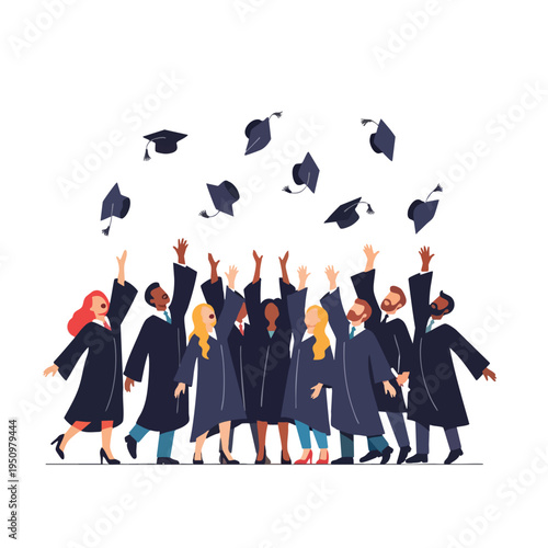 Diverse graduates in academic robes celebrate, tossing caps skyward