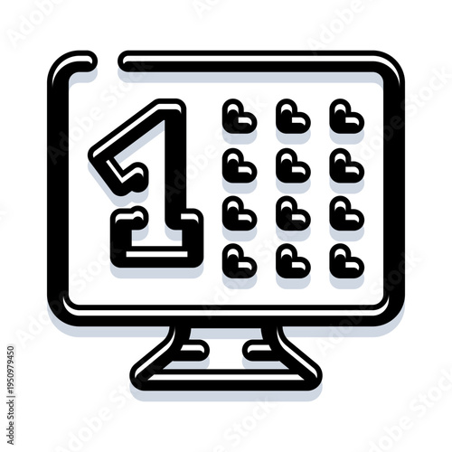 Computer monitor displaying the number one digital ranking with multiple heart shapes, symbolizing top online content, winner status, and high social media popularity