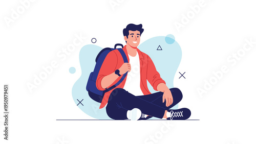 Young man with a blue backpack sitting cross-legged on the floor and smiling, representing a student or traveler.