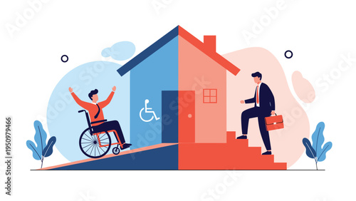 Illustration contrasting accessibility options, showing a wheelchair ramp and a staircase leading to a building.