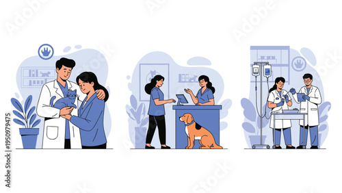 Set of illustrations depicting activities in a veterinary clinic, featuring cat checkups, dogs, and professional pet care.