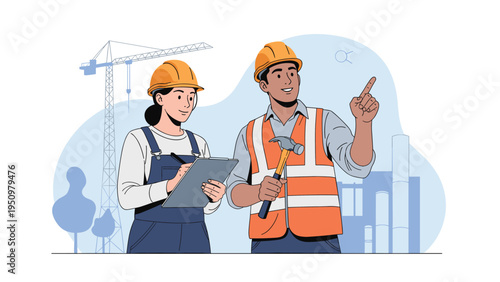 Two construction engineers in hard hats and safety vests discussing a project plan near a crane at a work site.