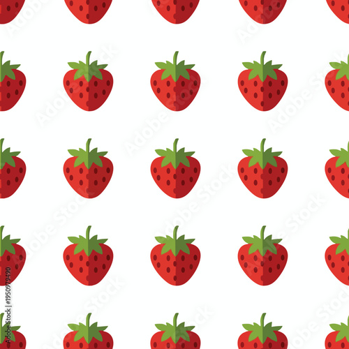 Repeating pattern of flat, red strawberries with green stems on a white background