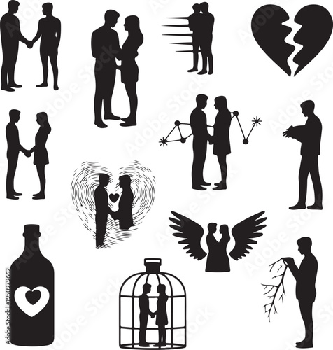Black silhouettes of couples and single people in various romantic relationships