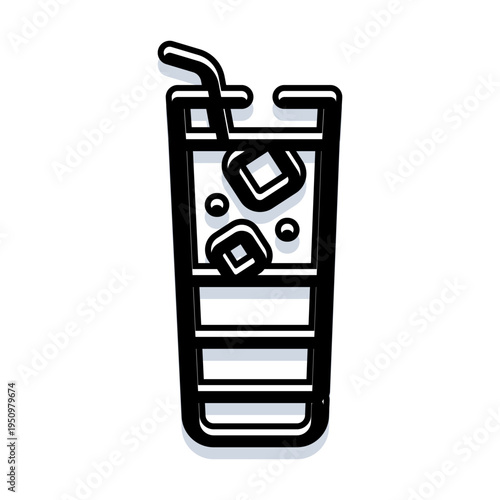 Iced beverage in a tall glass with straw and ice cubes, minimalist line art icon representing cold brew, iced coffee or refreshing drink for cafe and menu design