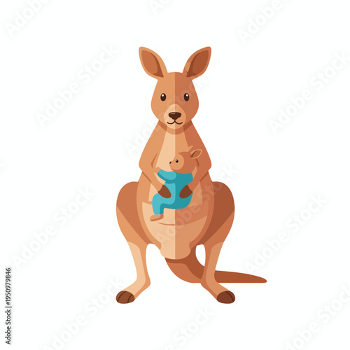 A stylized brown kangaroo stands upright with a joey in its pouch
