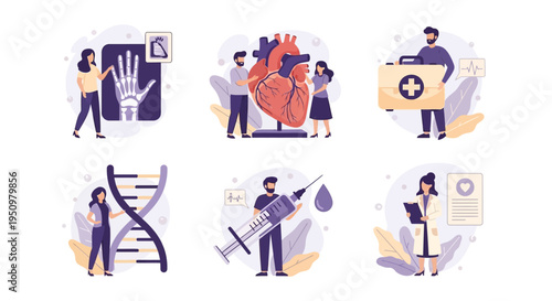 Six flatdesign vignettes illustrating medical topics Xray heart first aid DNA syringe and doctor