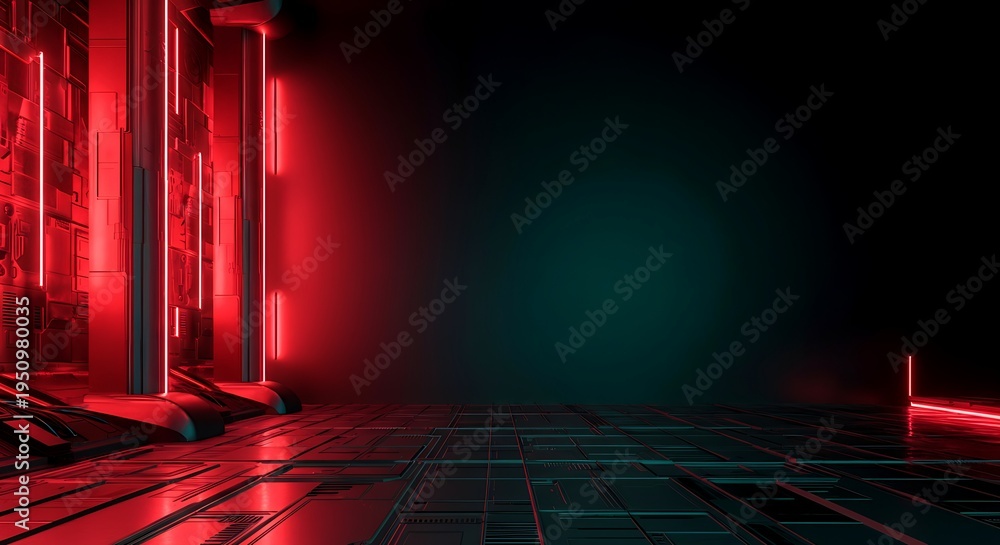 Naklejka premium Futuristic neon lighted corridor with red and teal hues reflecting on a dark textured floor